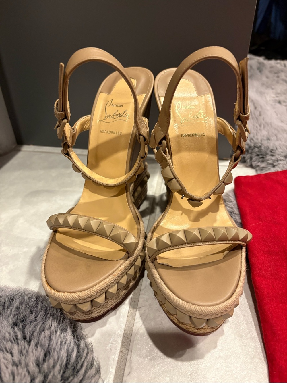 Christian Louboutin  Cataclou leather sandals Beige Studded Espadrille wedge 40